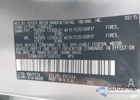 2015 Toyota Sienna Le 8 Passenger from USA, damaged, VIN 5TDKK3DC2FS580379